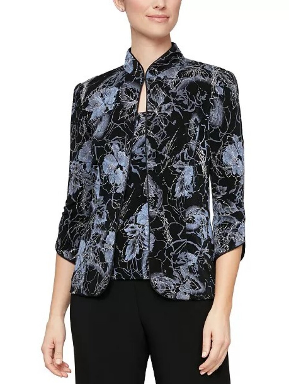 Alex Evenings 2 Pc Blue Glitter Floral Jacket & Top M Elegant Party